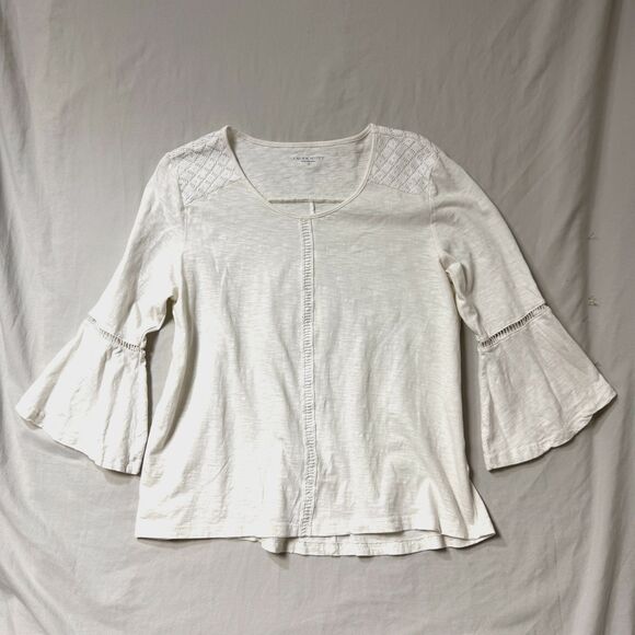 Crochet Top Women's M White Ivory Crochet Flair Bell Sleeve Shirt Casual  Summer - Picture 1 of 6
